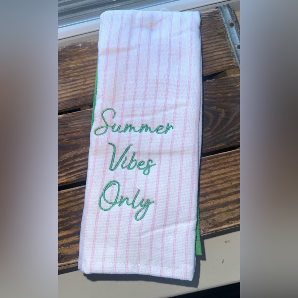 Summer Vibes Only Embroidered Kitchen Towels -White/Pink & Green - New - Picture 2 of 3